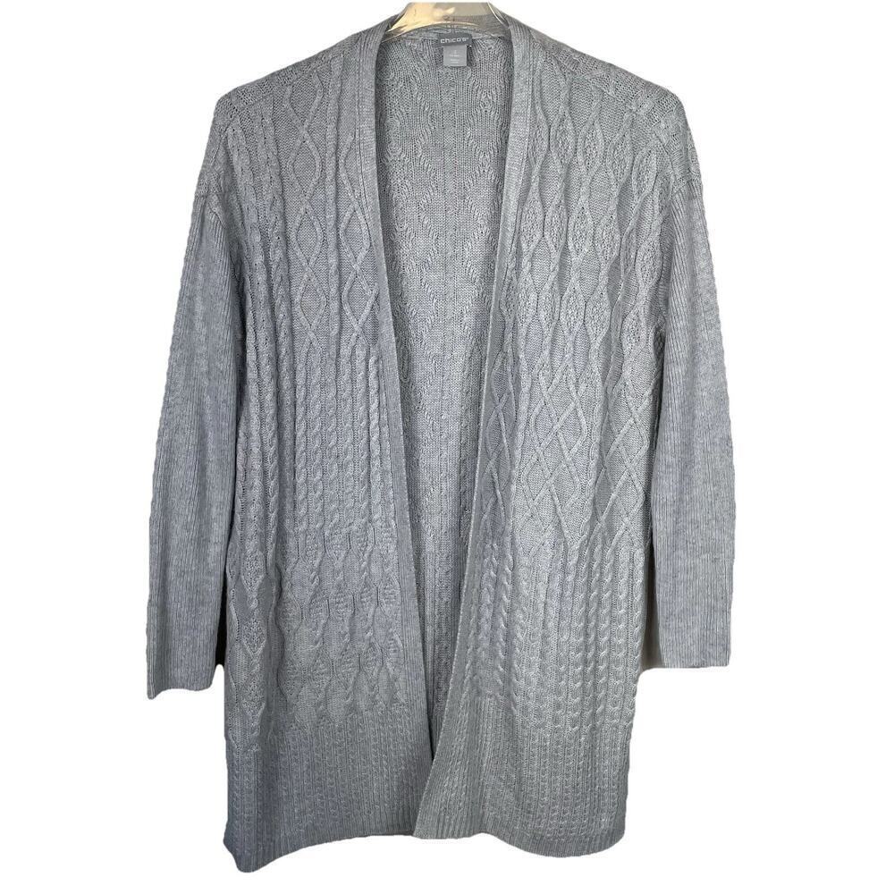 Chicos Wool Cashmere Cardigan Size Large Gray Cable Knit Longline Minimalist